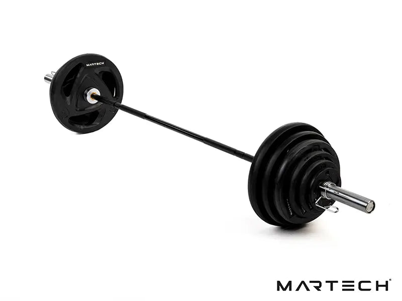 107,5KG Olympische tri grip plate set + chrome barbell - beeld 1