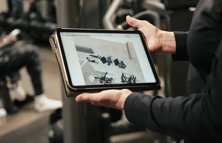 3D-ontwerp van een fitnessruimte met de plaatsing van de toestellen