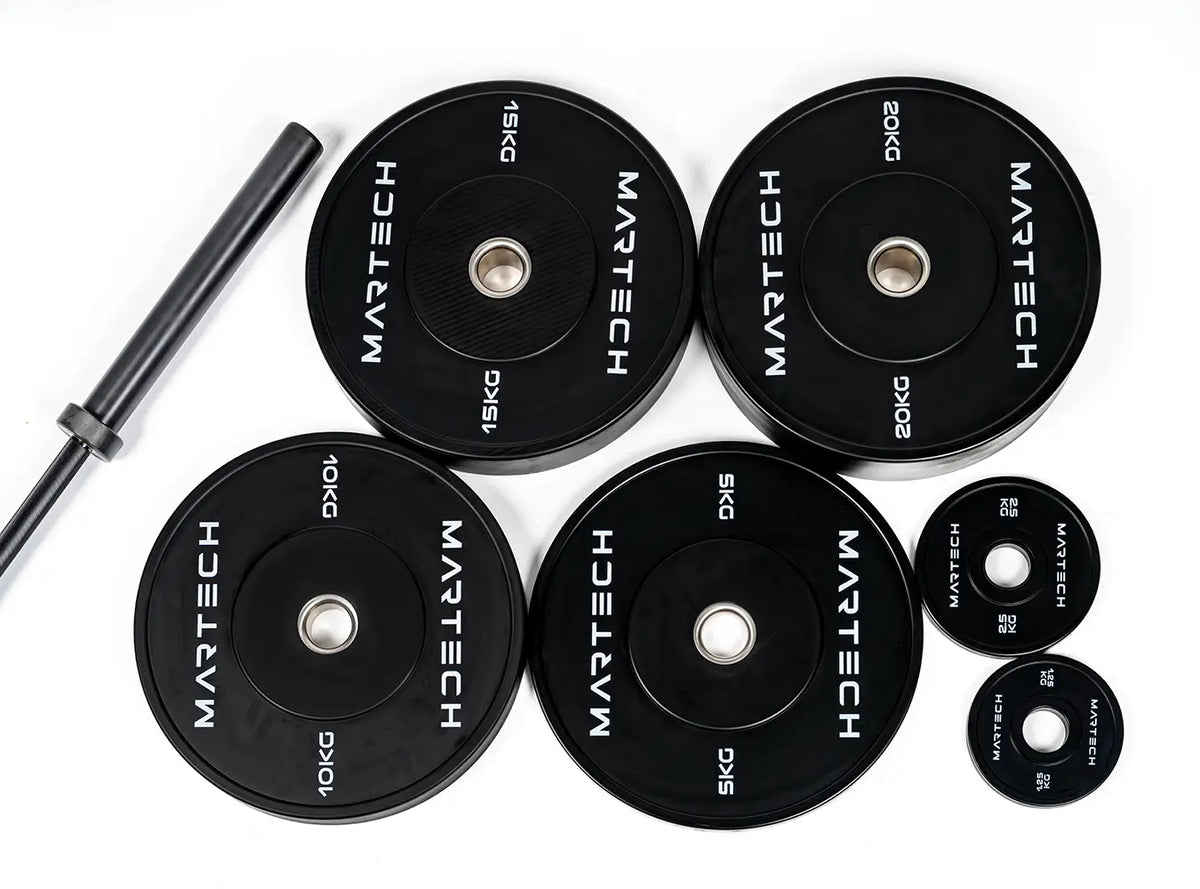 Disques bumper 107,5KG + barre Martech PRO 220CM - image 2