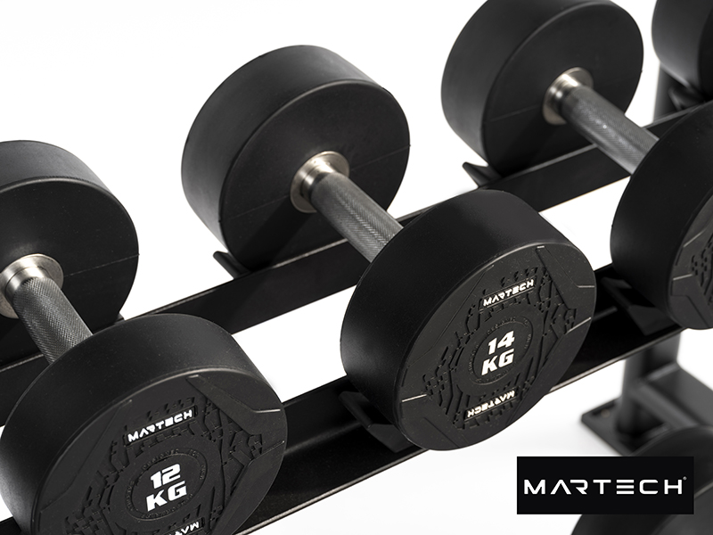 PU Rubber dumbbellset 10-32KG + drielaags rek