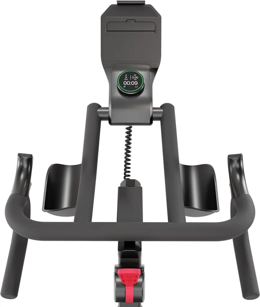 bovenaanzicht-van-het-stuur-en-de-trainingscomputer-van-de-flow-fitness-s2i-indoor-cycle-met-tablethouder-en-verstelbare-armsteunen.webp